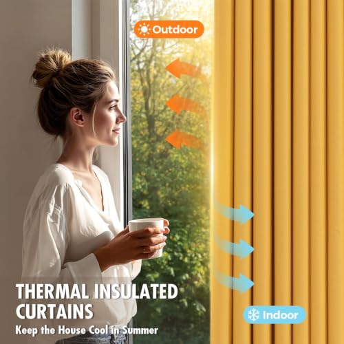 Yellow Blackout Bedroom Curtains Drapes 96 Inch Long 52"x96" (Yellow / 52"W x 96"L (Pack of 2))