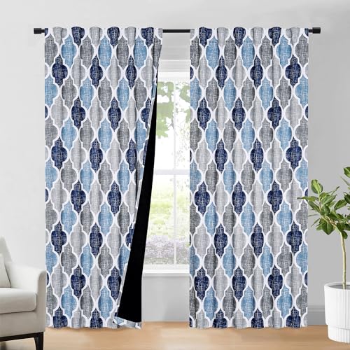 Moroccan 100% Blackout Curtains Bedroom Blue Grey 50x96 2 Panels (Rod Pocket | Blue and Grey / 50"W x 96"L (Pack of 2))
