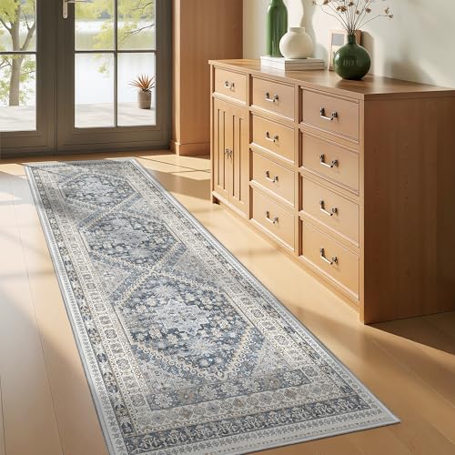 Kitchen Runner Rug Non Slip Washable Rugs 2.5x8 (Blue/Beige / 2'6" x 8' (Runner))