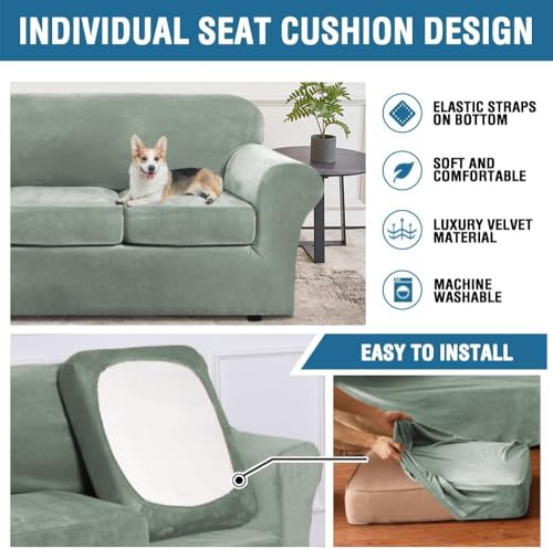 High Stretch Sofa Slipcover 4 Piece Cover Velvet Furniture Protector Form Fit Thick Velvet Extra Large Sofa Cover for 3 Cushion Couch Width Up to 97 Inch (3 Cushion Large Sofa / Sea Grass)