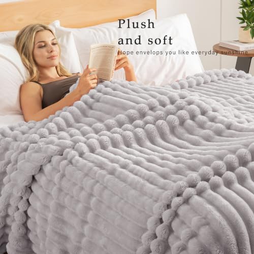 Striped California King Size Fleece Blanket for Bed (Light Grey / Cal King ( 120x120 IN ))