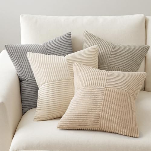 Neutral Decorative Throw Pillow Covers 20x20 Inch Set of 4 for Livingroom Couch Sofa Modern Farmhouse Soft Corduroy Cushion Cases Striped Patchwork Home Decor (20" x 20" (Pack of 4) / Neutral)