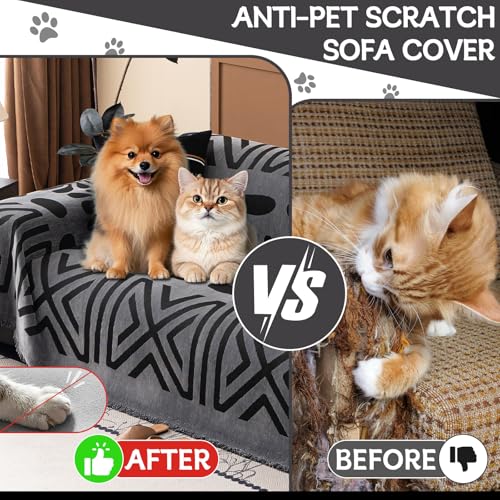 Boho Couch Cover Blanket Geometric Striped Pet Covers for Couches and Sofas Dark Grey and Black Dog Cover for Couch Pet Friendly Chenille Sectional Sofa Covers for Pets Washable (71" x 118" / Stripe: Dark Grey and Black)