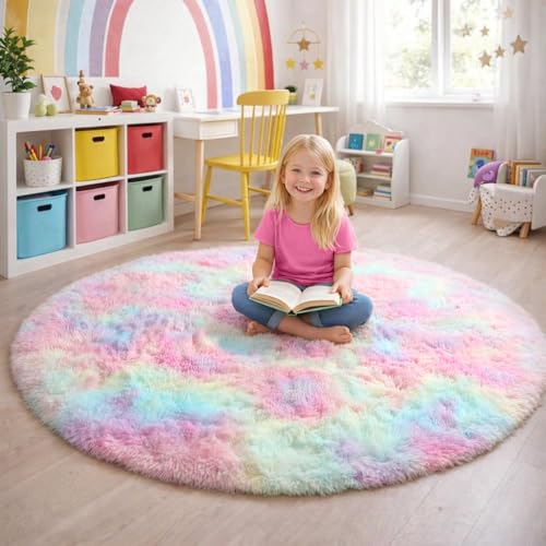 Rainbow Unicorn Large Round Rug 6Ft for Girls Bedroom Living Room (Rainbow / 6' (Round))