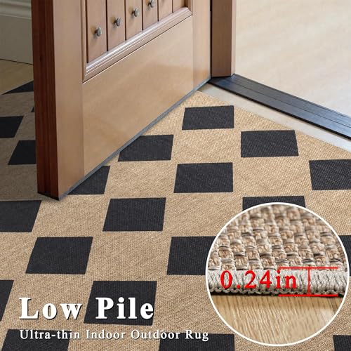 Checkered Easy Jute Rug 8x10 Outdoor Rug Washable Area Rugs for Living Room (8'*10'(Rectangular) / Black/Checkered)