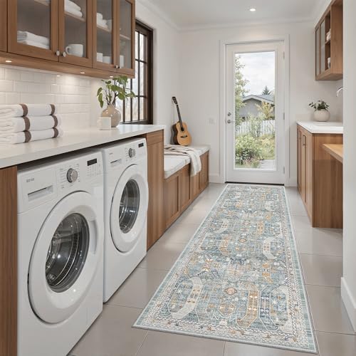 Washable Runner Rug 2x6 Runners for Hallways Non Slip (Blue/Gold / 2' x 6' (Runner))