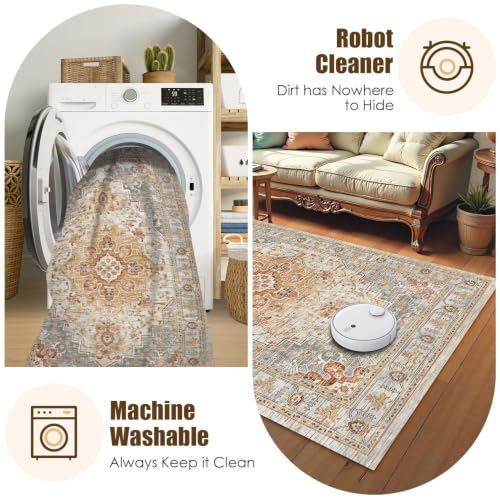 Washable Area Rug 5' x 7' Vintage Traditional Persian Mat (Dove Gray and Coral / 5' x 7' (Rectangular))