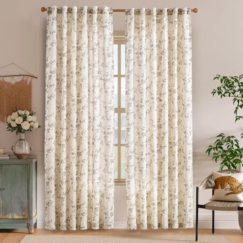 Grey Vintage Floral Linen Curtains Farmhouse 50W X 84L 2 Panels (Grey on Beige / 50"W x 84"L (Pack of 2))