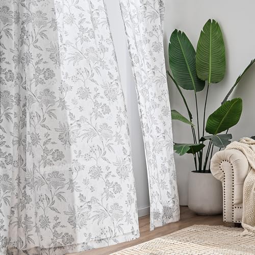 Light Grey Floral Linen Curtains 84 Inch Vintage Back Tab 2 Panels (*Jacobean Light Grey / 50"W x 84"L (Pack of 2))