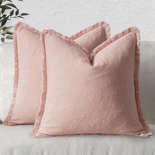 Boho Linen Fringe Decorative Throw Pillow Covers Pink 20x20 (20" x 20" (Pack of 2) / Pink)