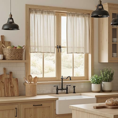 Semi Sheer Light Oatmeal Curtains 36 Inches Long for Kitchen 2 Panels (34"W x 36"L (Pack of 2) / Taupe)