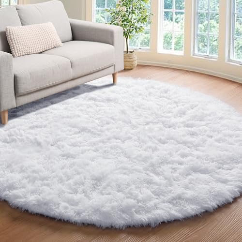 White Fluffy Round Rug Gray Circle Area Rugs 4ft for Bedroom Living Room (White / 4' (Round))