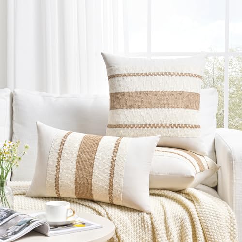 Set of 1 Boho Neutral Lumbar Decorative Throw Pillow Cover 12x20 Inch for Couch Bed Sofa Chair (20" x 12" (Pack of 1) / Neutral)