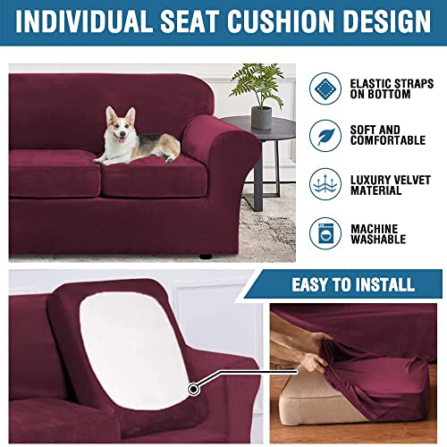 Modern Velvet Plush 4 Piece High Stretch Sofa Slipcover Sofa Cover Furniture Protector Form Fit Luxury Thick Velvet Sofa Cover for 3 Cushion Couch Width Up to 90 Inch (3 Cushion Sofa / Wine/Burgundy)