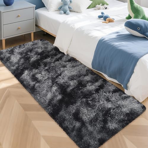 Tie Dyed Runner Rug for Bedroom Black Grey 2x5ft Fluffy Area Rug Bedside Runner Rug for Kids Room Boys Teens Nursery Baby Living Room Dorm Home Decor Carpets (Tie-dyed Black Grey / 2' x 5' (Runner))