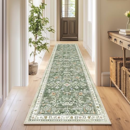 2x8 Washable Hallway Runner Rug Non Slip Floral Carpet (Green / 2' x 8')