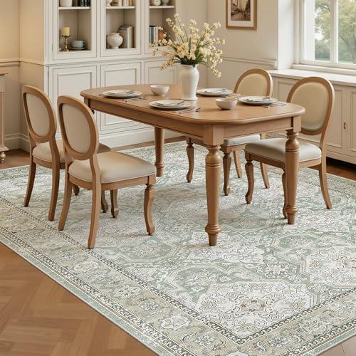 5x7 Area Rug Low Pile Washable Trendy Faded Style Rug (Green/Brown / 5' x 7' (Rectangular))