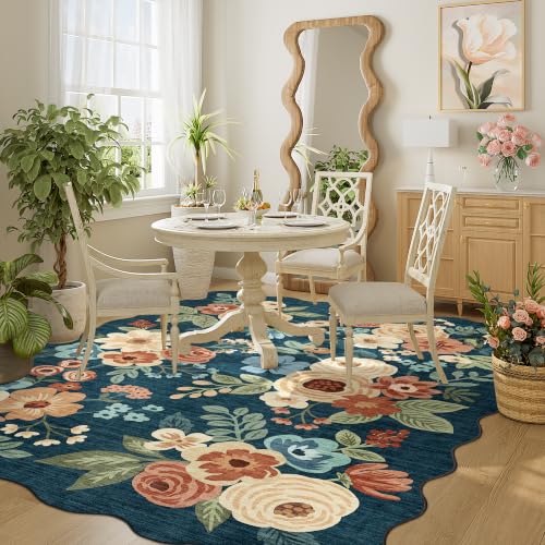 5x7 Area Rugs for Bedroom Floral Washable Rug Non Slip Prussian Blue (Prussian Blue (Big) / 5' x 7' (Rectangular))
