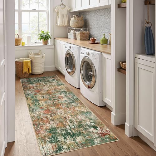 Washable Runner 2'x8' Abstract Area Rug for Hallway Green Multi (Green/Orange/Red/Blue / 2' x 8' (Runner))