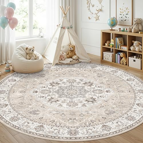 Washable 8ft Round Area Rug (8' (Round) / Beige)