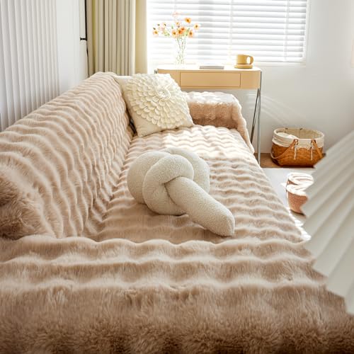 Plush Sofa Slipcovers Washable Couch Cover for Sofa Super Soft Faux Fur Sofa Covers for 3 Couch Cousion Soild Khaki Rabbit Plush Couch Cushion Covers for Kids Pets (71" x 150" / Z-plush:khaki)