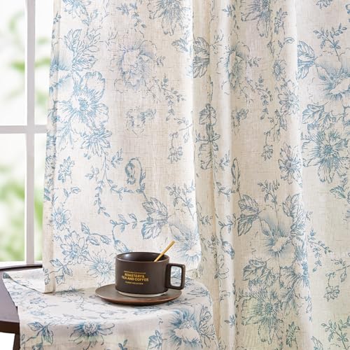 Blue Floral Linen Curtains 108 Long for Living Room 2 Panels (Blue / 50"W x 108"L (Pack of 2))