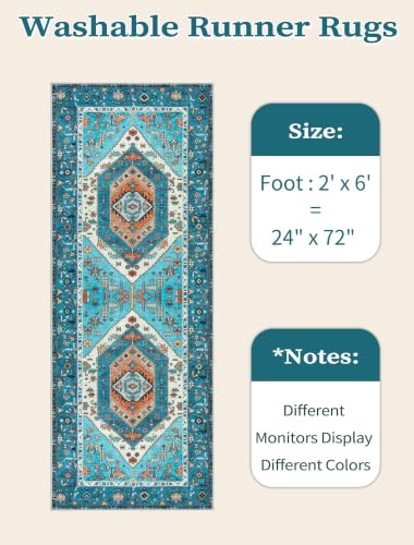 2x6 Washable Non Slip Boho Runner Rug for Hallway (Blue/Multi / 2' x 6' (Runner))