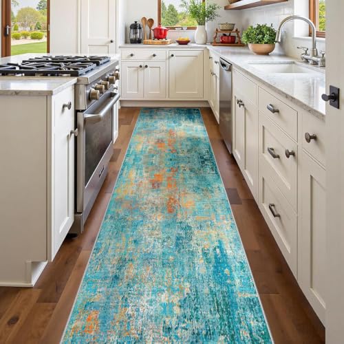 Washable Runner 2'x10' Abstract Area Rug for Hallway Teal Multi (Teal Blue/Green/Orange / 2' x 10' (Runner))