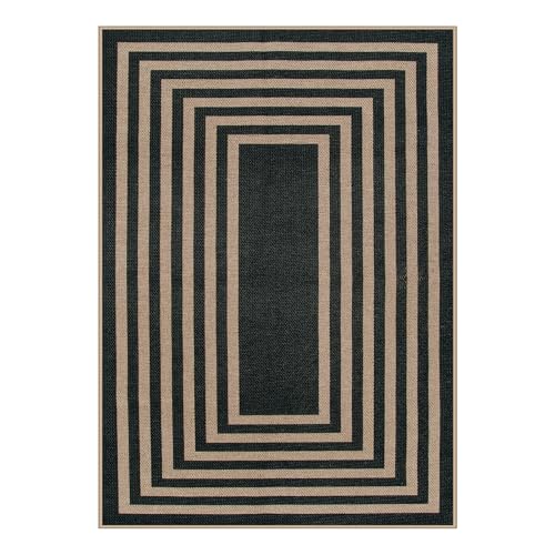 Modern Geometric Easy Jute Outdoor Rug (5' x 7' (Rectangular) / Black/Nature Border)