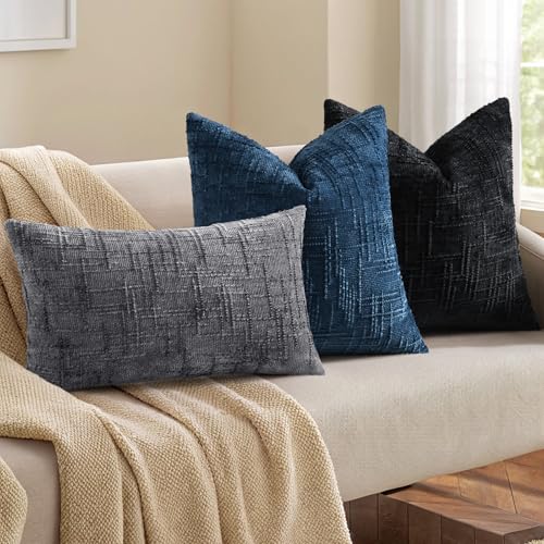 Textured Chenille Throw Pillow Covers 12x20 Set of 2 Black (Charcoal / 20" x 12" (Pack of 2))