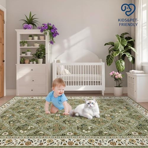 Large Entryway Rug 3x5 Floral Washable Area Rugs Vintage Soft Non (Green/Spring / 3' x 5' (Rectangular))