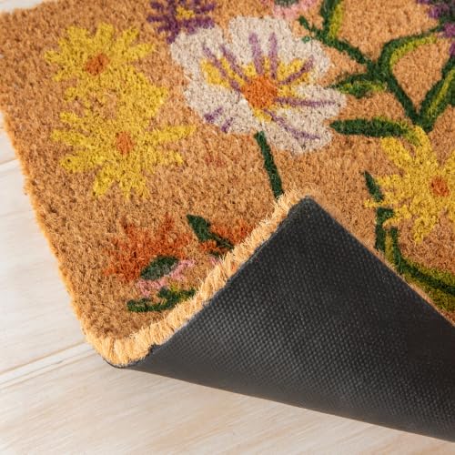 Bees & Blooms Natural Coconut Fiber Printed Doormat Vinyl Backed (Bees & Blooms / 1'6" x 2'6" (Rectangular))