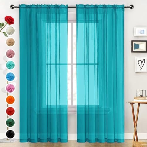 Sheer Voile Window Treatment Rod Pocket Curtain Panels for Kitchen Bedroom Living Room Drapes Sunlight Filtering Privacy Semi Home Decor Assorted (Peacock Blue / 52"W x 95"L (Pack of 2))