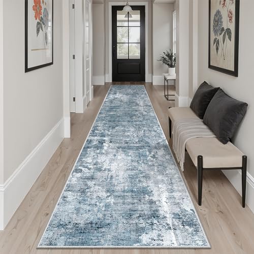 Abstract Runner Rug 2x10 Hallway Kitchen Runners Blue (Blue/Grey / 2' x 10' (Runner))