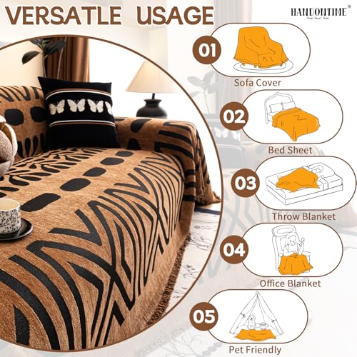 Geometric Boho Couch Cover for Sofa Decor (71" x 134" / Stripe: Brown and Black)