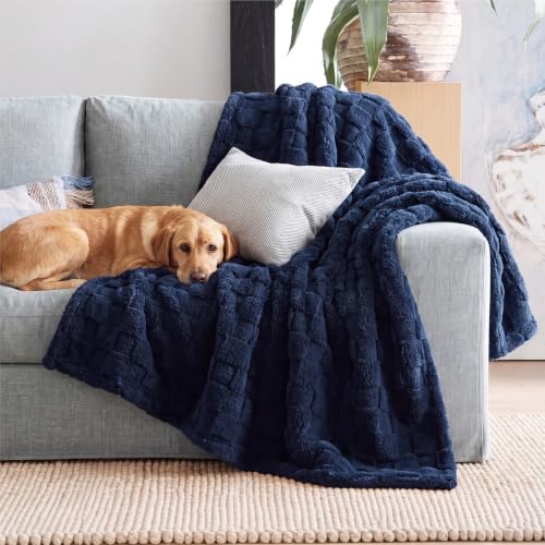 Checkered Fleece Throw Blankets for Bed (06 Navy / Throw XL (50" X 70"))