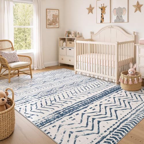 Boho 5x7 Area Rug Living Room Rugs Machine Washable Navy Blue (Dark Blue / 5' X 7' (Rectangular))