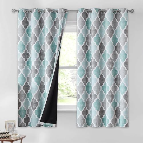 Moroccan 100% Blackout Curtains Bedroom Aqua Grey 50x54 2 Panels (Grommet | Aqua and Grey / 50"W x 54"L (Pack of 2))