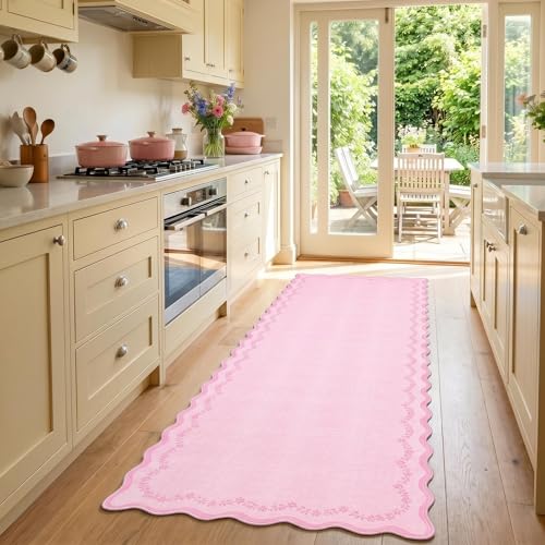 2.5x8 Scalloped Washable Runner Rug Non Slip Hallway Kitchen Rug (Pink / 2'6" x 8' (Rectangular))