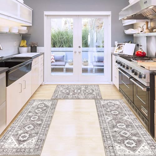 HEBE Boho Kitchen Rugs Set of 3 (Taupe Brown / 20"x32"+20"x48"+20"x59")