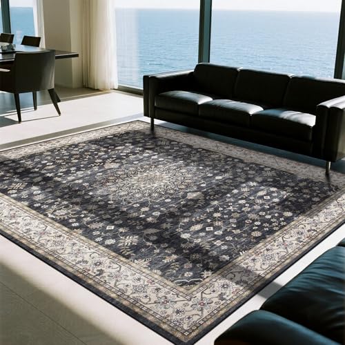 8x10 Washable Area Rugs for Living Room (8' x 10' (Rectangular) / Black-navy-gold-beige)