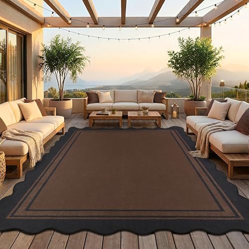8x10 Scalloped Rug Easy Jute Washable Outdoor Rug for Living Room (8'*10'(Rectangular) / Black Brown)