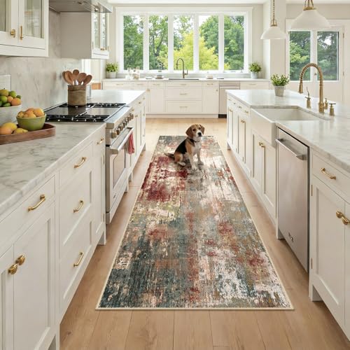 Washable Runner 2'6"x8' Abstract Area Rug for Hallway Rustic Brown (Rust Red/Green/Blue/Multi / 2'6" x 8' (Runner))