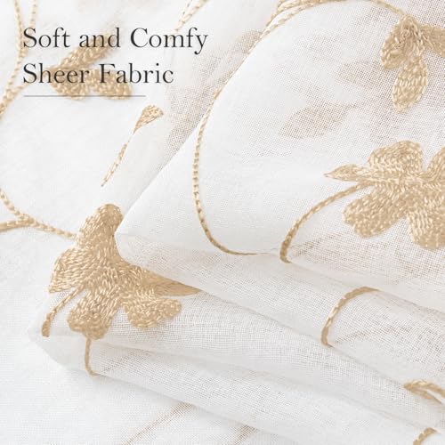Yellow Sheer Curtains 96 Inches Long 2 Panels Yellow and White Embroidered Floral Pattern Semi Sheer Window Curtains for Bedroom Living Room (52"W x 96"L (Pack of 2) / White & Yellow)