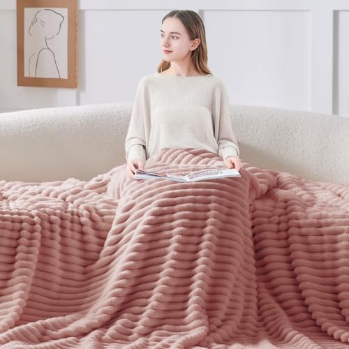 Ribbed Fleece Throw Blanket for Couch (Dusty Pink / Throw(50"x60"))