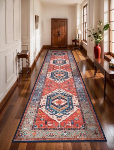 3x12 Washable Non Slip Boho Runner Rug for Hallway (Rust/Multi / 3' x 12' (Runner))