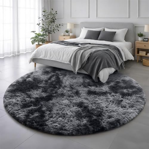 Tie Dyed Dark Grey Large Round Rug 7Ft for Bedroom Living Room (Tie-dyed Dark Grey / 7' (Round))