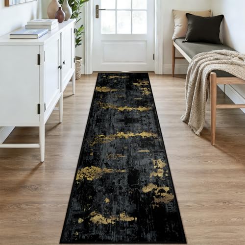 Washable Runner 2'x9' Abstract Area Rug for Hallway Black Gold (Black/Gold / 2' x 9' (Runner))