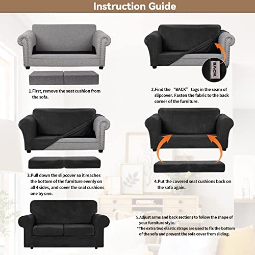 Velvet Stretch 3 Pieces Couch Cover for Sofa Washable (Medium / Black)