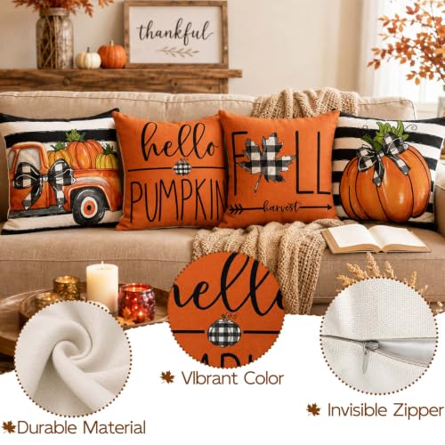Fall Throw Pillow Covers for Home Strip Pumpkin Pillowcase 18x18 Set of 4 (Fall 01)